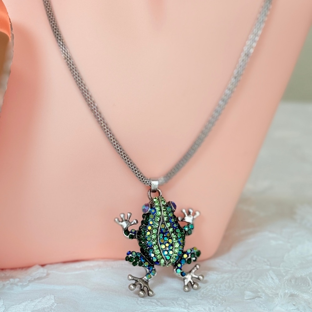 Silver Frog Pendant Necklace with Crystals - Picture 5 of 8